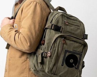 Listen Round Vinyl Record Backpack: Lightweight Canvas Daypack with Turntable Graphics
