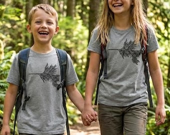 Kids Cedar Branch Shirt, Summer Vacation Adventure Tee, Forest School Gear, Hand Printed