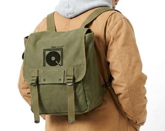 Listen Round 12" Vinyl Record Backpack: Heavyweight Cotton Canvas LP Bag for Audiophiles
