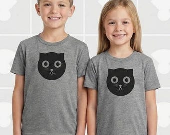 Kids Cat Shirt Awake Watson the Cat Modern Feline Graphic Hand Printed Tee