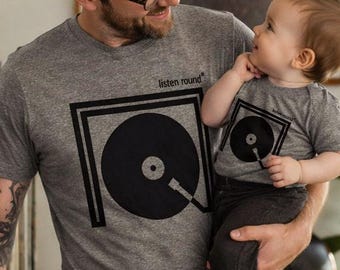 Listen Round Matching Dad and Kids Shirts | Hand Printed Baby Family Gift Set