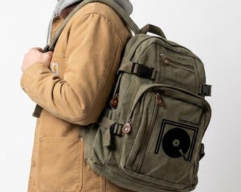 Listen Round Vinyl Record Backpack: Lightweight Canvas Daypack with Drop the Needle Graphic