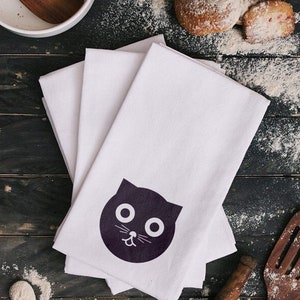 Cat Tea Towel - Black Cat Flour Sack Tea Towel - Cat Decor Kitchen Dish Towel - Hand Screen Printed