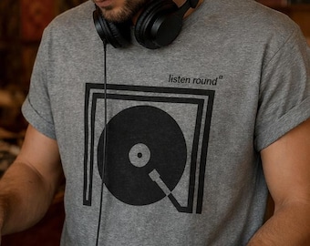 Vinyl Record T-Shirt Listen Round | Hand Printed Turntable DJ Tee