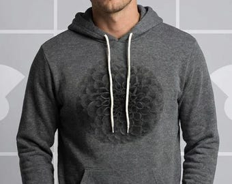 Dark Botanical Dahlia Hoodie | Men's Scientific Floral Pullover | Hand-Printed Garden Gift for Him