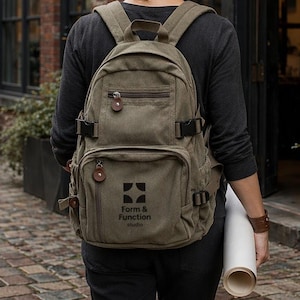 May include: An olive green canvas backpack featuring multiple zippered compartments, adjustable side straps with black plastic buckles, and a circular brown leather-like zipper pull. The front pocket displays the text Form & Function Studio.