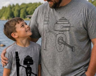 Fishing Gifts | Daddy and Me Matching Shirts | Hand Printed Angler Reel Family Set