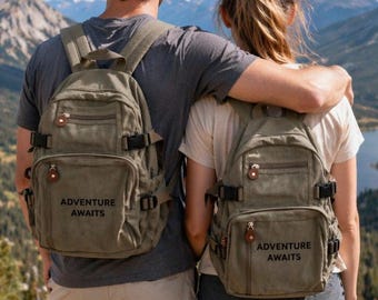 Adventure Awaits Backpack Set | Matching Couple Travel Bags | Wedding Gift for Hikers