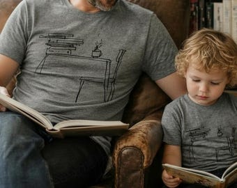 Book Lover Dad Matching Shirts | Hand Printed Coffee and Books Father Kid Tees