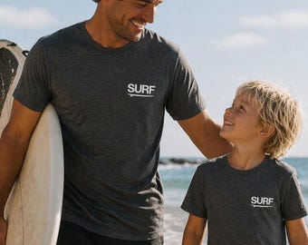 Minimalist Surf Matching Shirts | Hand Printed Dad and Kids Tees Gift Set