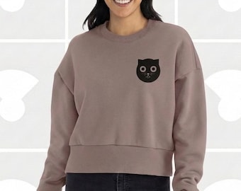 Mother's Day Cat Mom Gift | Women's Cat Face Cropped Sweatshirt, Hand-Printed 10oz Heavyweight Crewneck