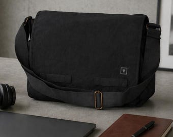 Black Canvas Messenger Heavyweight Tech Field Professional EDC Laptop Bag up to 17 inch