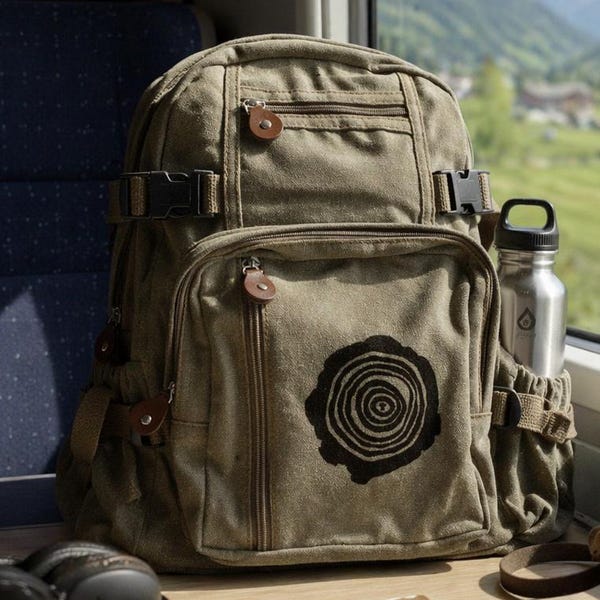 Rugzak van canvas met boomringmotief | Geschikt voor een 13-inch laptop | Reistas