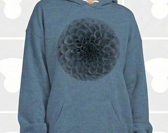 Cottagecore Dahlia Flower Hoodie, Dark Botanical Pullover, Hand-Printed Cozy Garden Floral Sweatshirt