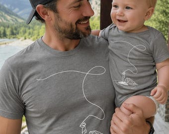 Fly Fishing Dad and Kid Tees | Hand Printed Matching Family Shirt Gift Set