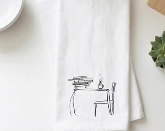 Sunday Morning Tea and Books Tea Towel | Hand Printed Flour Sack Cotton | Mom Gift