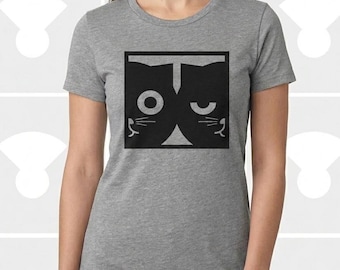 Women's Cat Shirt Watson the Cat Dual Mood Minimalist Feline Hand Printed Tee