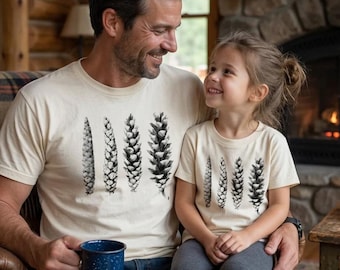 Matching Pine Cone Shirts for Dad and Kids | Hand Printed Nature Gift