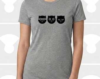 Women's Cat Shirt Watson the Cat Three Musketeers Bandit Awake Sleepy Hand Printed Tee