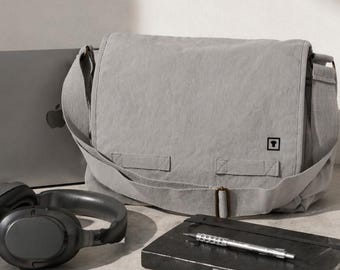 Gray Canvas Messenger Bag | Minimalist 17 Inch Laptop Satchel