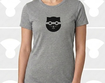 Women's Cat Shirt Watson the Cat Bandit Mask Minimalist Hand Printed Graphic Tee