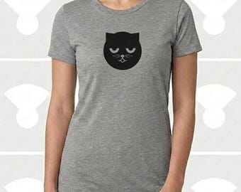 Women's Cat Shirt Watson the Cat Sleepy Face Minimalist Hand Printed Tee
