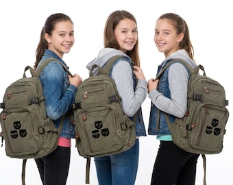 Best Friends Gift: Three Musketeers Cat Backpacks - Set of 3 Canvas Bags - Personalized Sibling Gift