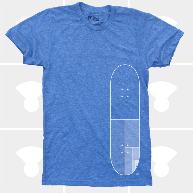 May include: A blue t-shirt with a white outline of a skateboard on the right side of the shirt. The skateboard is divided into sections, with a pattern of dots on the top section.