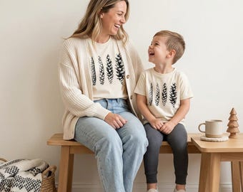 Mom and Kid Matching Pine Cone Shirts | Hand Printed Botanical Gift