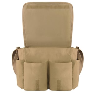 May include: Tan messenger bag with multiple exterior pockets and a shoulder strap. The bag has a large flap that opens to reveal the main compartment. The pockets have velcro closures. The bag is made of a durable, canvas-like material.