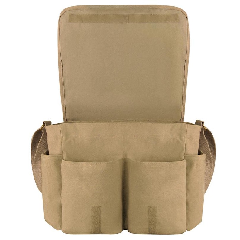 May include: Tan messenger bag with multiple exterior pockets and a shoulder strap. The bag has a large flap that opens to reveal the main compartment. The pockets have velcro closures. The bag is made of a durable, canvas-like material.