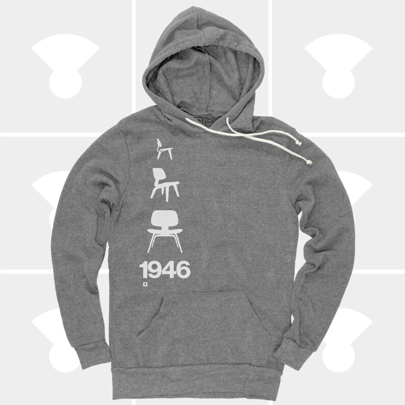 May include: A gray hooded sweatshirt with a white silhouette of four chairs and the year "1946" printed on the front.