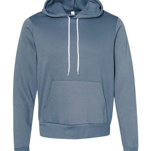 May include: A blue hooded sweatshirt with a front pocket and white drawstrings.