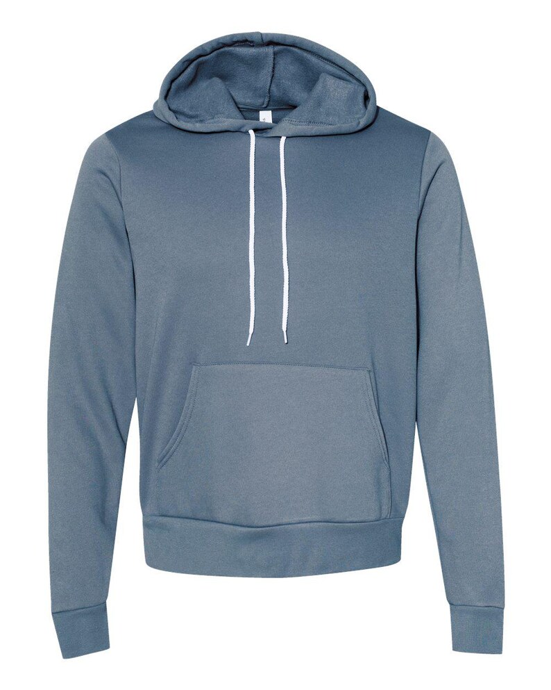 May include: A blue hooded sweatshirt with a front pocket and white drawstrings.