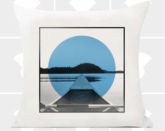 Canoe Blue Moon Pillow Cover 16 x 16 - Canoe Decor - Throw Pillow Case Cover - Cabin & Lodge Decor - Original Design / Hand Screen Printed