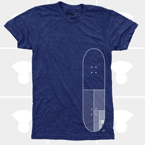 May include: A blue t-shirt with a white outline of a skateboard on the front. The skateboard is divided into sections, with a pattern of dots on the top section.