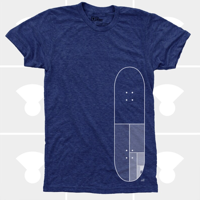 May include: A blue t-shirt with a white outline of a skateboard on the front. The skateboard is divided into sections, with a pattern of dots on the top section.