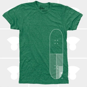 May include: A green t-shirt with a white outline of a skateboard on the right side of the shirt. The skateboard is divided into sections with a pattern of dots.