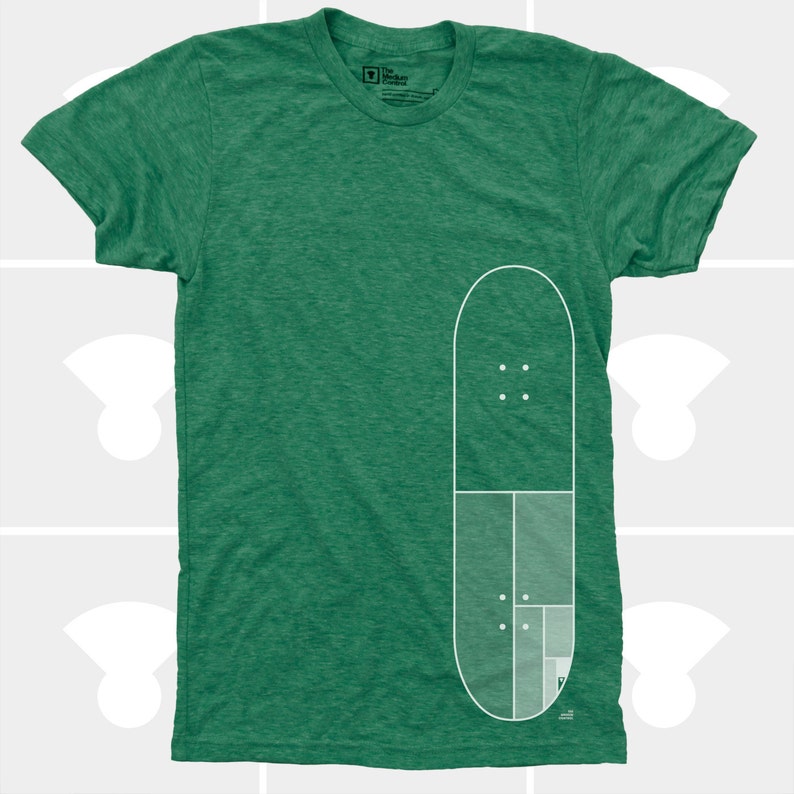 May include: A green t-shirt with a white outline of a skateboard on the right side of the shirt. The skateboard is divided into sections with a pattern of dots.