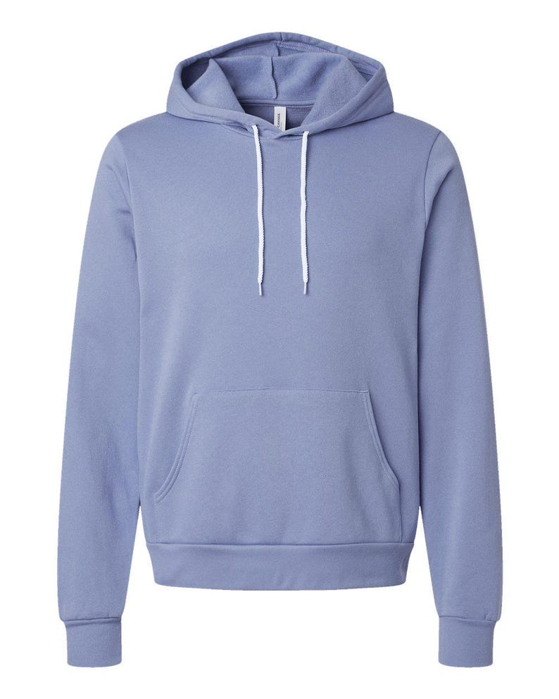 May include: A light blue hooded sweatshirt with a front pocket and white drawstrings.