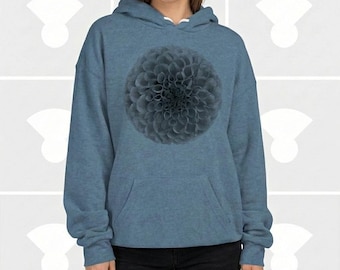 Cottagecore Dahlia Flower Hoodie, Dark Botanical Pullover, Hand-Printed Cozy Garden Floral Sweatshirt