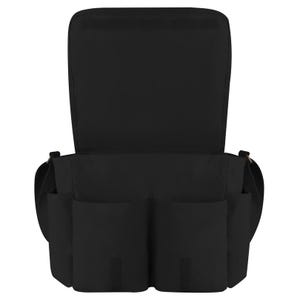 May include: Black messenger bag with several external pockets and a large internal compartment. The bag features a flap closure and a shoulder strap. Constructed from a durable material, it's designed for carrying various items.