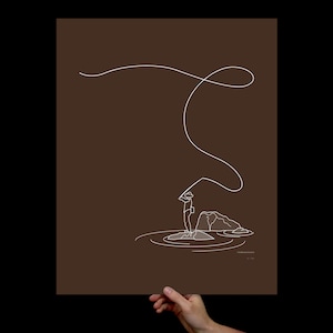 Fly Fishing Art Print - Original Illustration - Minimalist Fly Fishing Wall Art