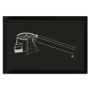 Puede incluir: Un dibujo en blanco y negro de un telesilla con una sola silla colgando del cable. El telesilla est&aacute; sobre un fondo negro.