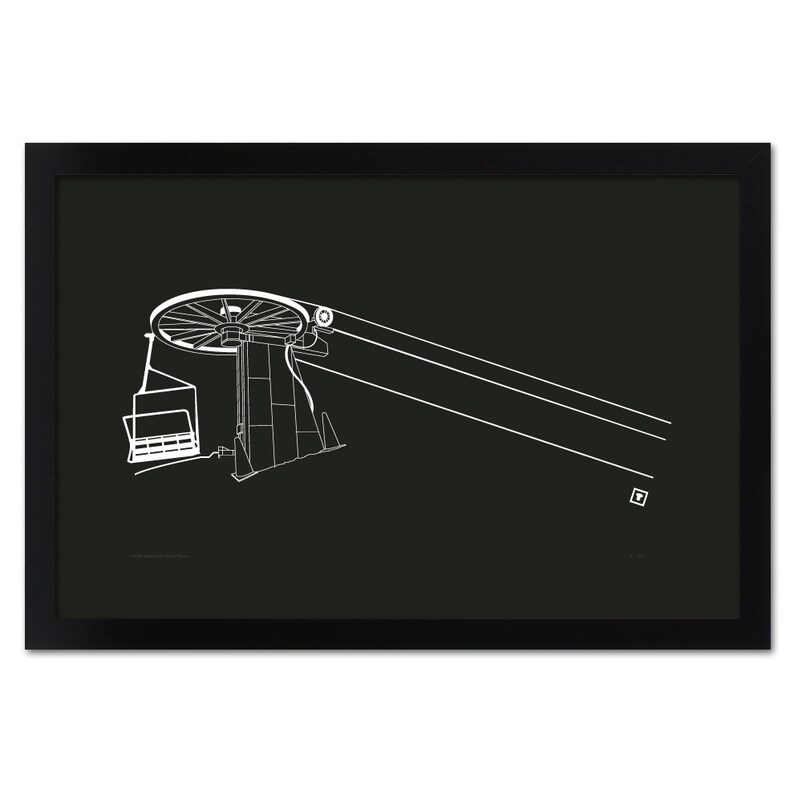 Puede incluir: Un dibujo en blanco y negro de un telesilla con una sola silla colgando del cable. El telesilla est&aacute; sobre un fondo negro.