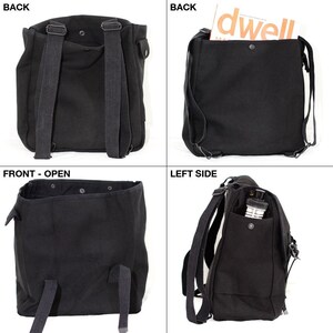 May include: Black canvas backpack with adjustable straps and multiple compartments. The bag features a flap closure and a side pocket. The backpack is shown from multiple angles, including the back, front, and side.