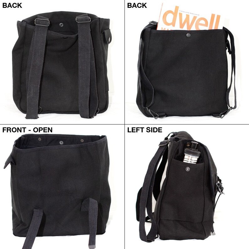 May include: Black canvas backpack with adjustable straps and multiple compartments. The bag features a flap closure and a side pocket. The backpack is shown from multiple angles, including the back, front, and side.