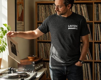 Listen Turntable Minimalist T-Shirt | Retro Hi-Fi Audio Gear Graphic