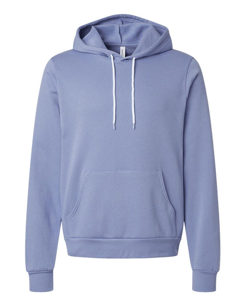 May include: A periwinkle blue hoodie with a drawstring hood and a kangaroo pocket. The long-sleeved sweatshirt has ribbed cuffs and hem. The hoodie is made of a soft, comfortable material.