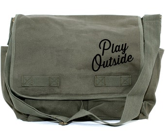 Messenger Bag | PLAY OUTSIDE | Gift for Men | Camera Bag | Crossbody Bag | Canvas Bag | Travel | Large | Typography | Gift for Women